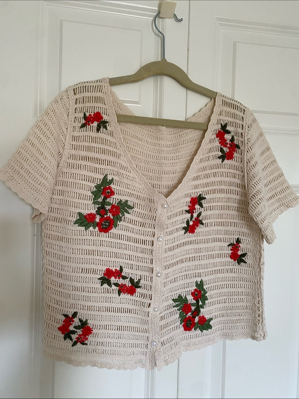 Beige Crochet Button-Front Top with Red Floral Embroidery